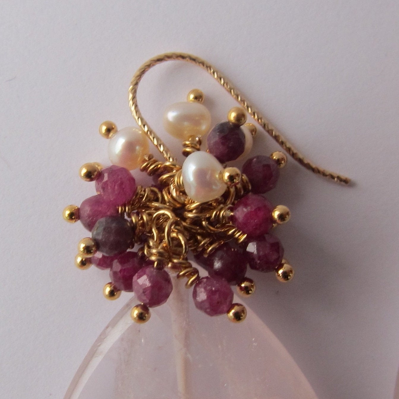 Large Rose Quartz Drop with Ruby & Fresh Water Pearl Cluster Gemstone Earrings