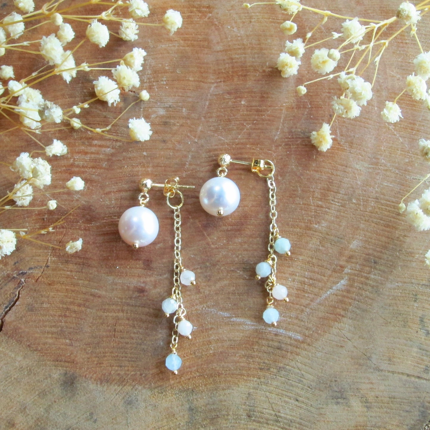 Gemstone with Fresh Water Pearl Dange Earrings- Morganite