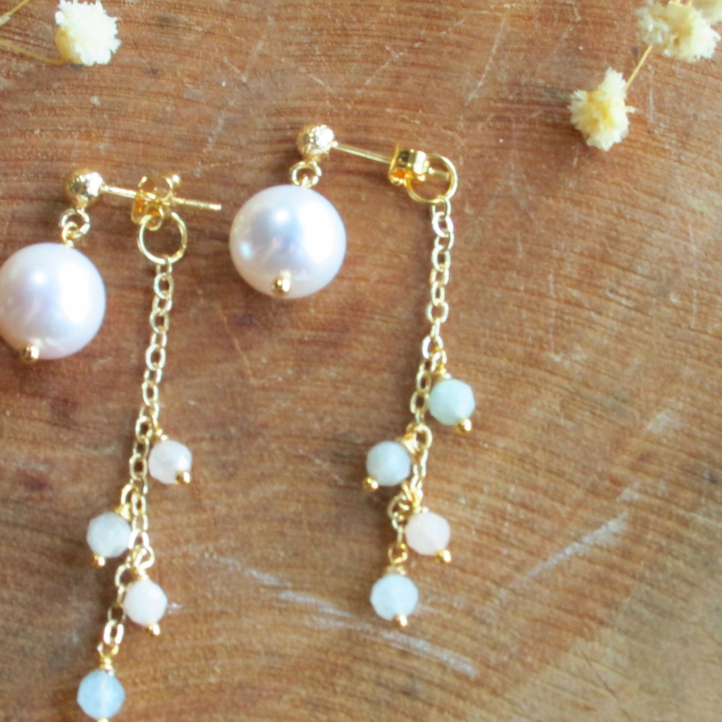 Gemstone with Fresh Water Pearl Dange Earrings- Morganite