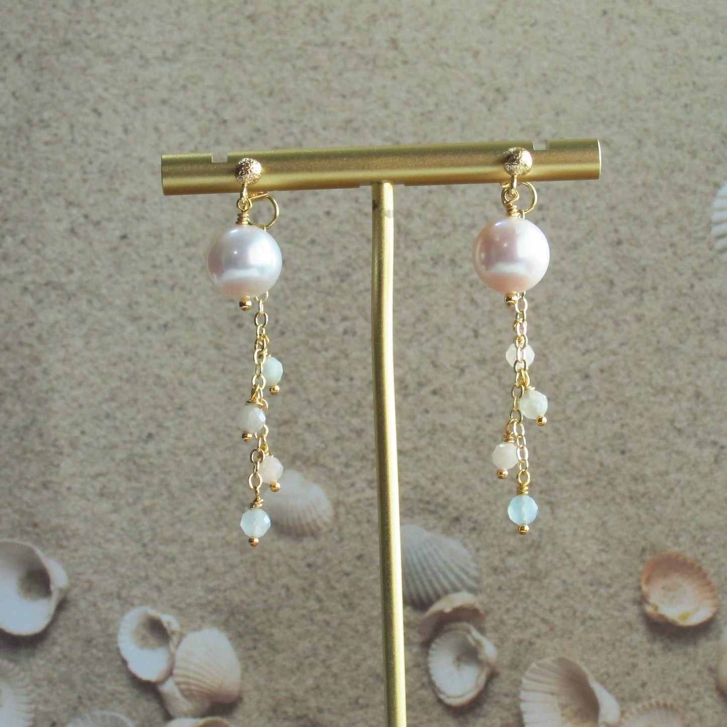 Gemstone with Fresh Water Pearl Dange Earrings- Morganite
