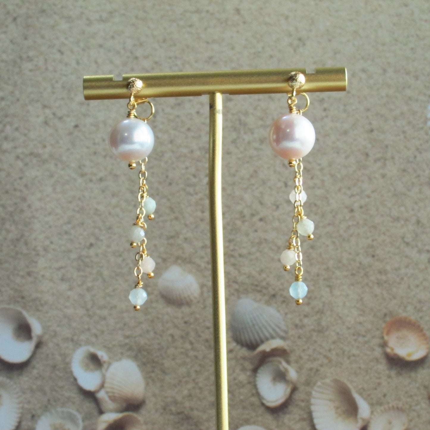 Gemstone with Fresh Water Pearl Dange Earrings- Morganite