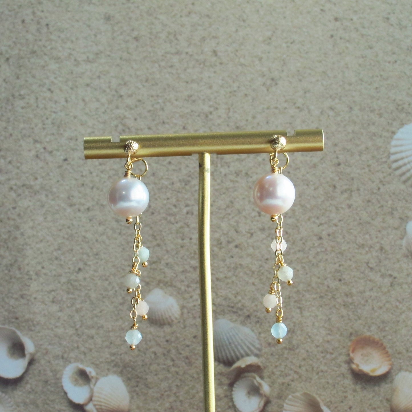 Gemstone with Fresh Water Pearl Dange Earrings- Morganite