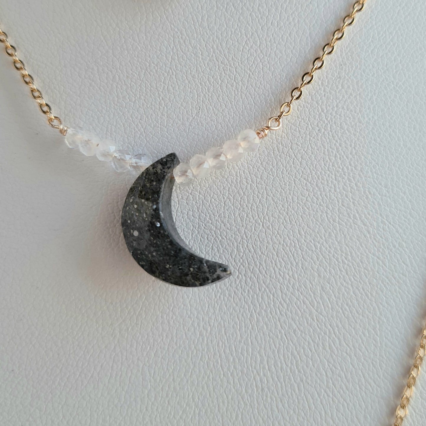Star, Moon, Heart Multi Layered Gemstone Necklace - Black Sunstone & Rainbow Moonstone