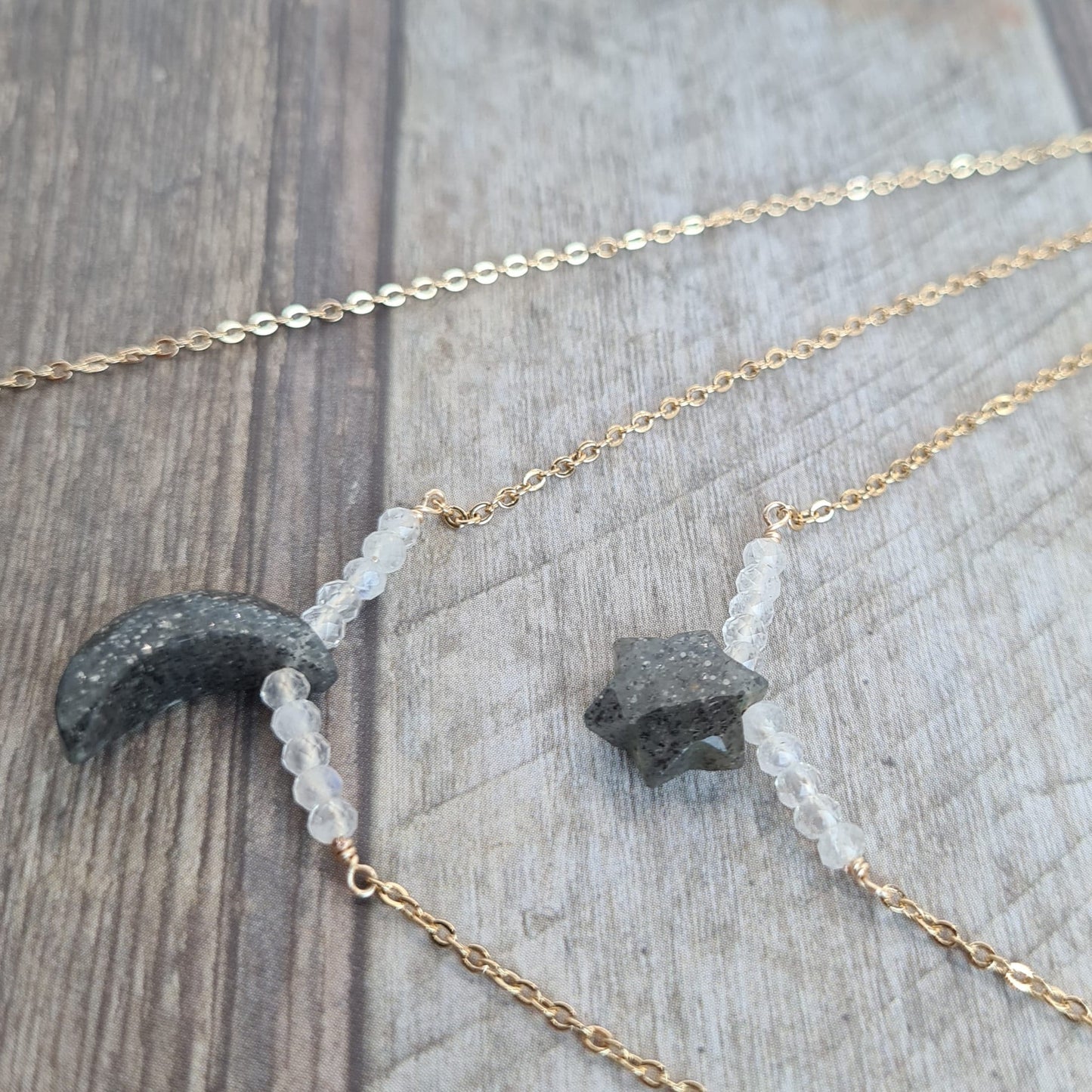 Star, Moon, Heart Multi Layered Gemstone Necklace - Black Sunstone & Rainbow Moonstone