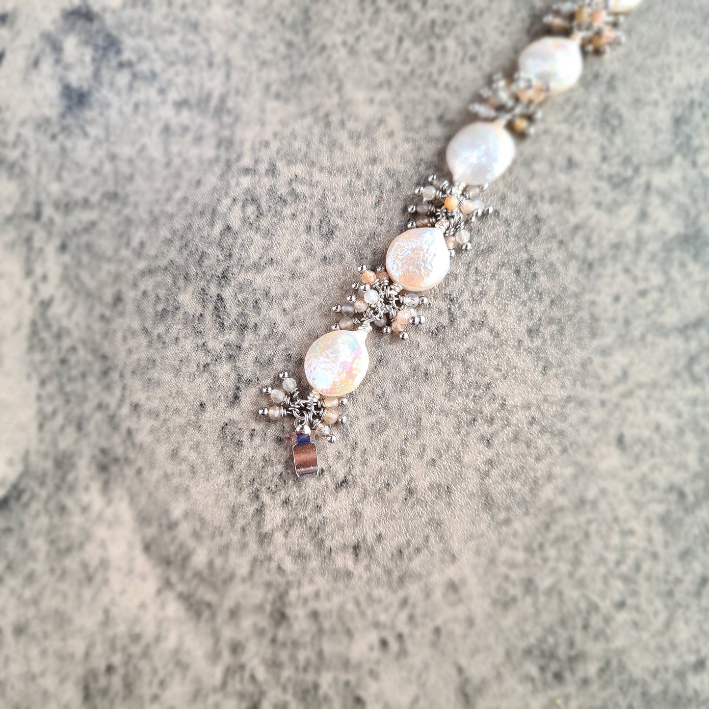Small Fresh Water Coin Pearl with multi shaded moonstone cluster Bracelet