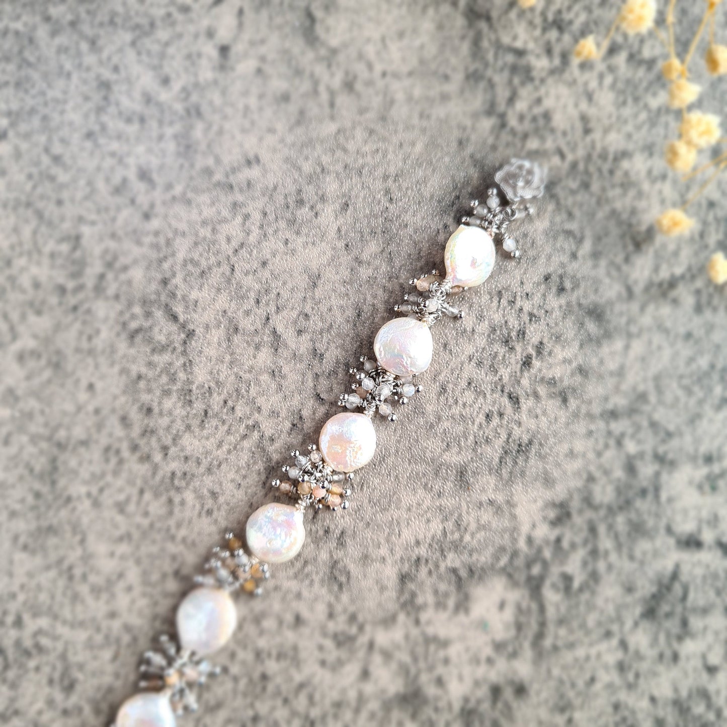 Small Fresh Water Coin Pearl with multi shaded moonstone cluster Bracelet