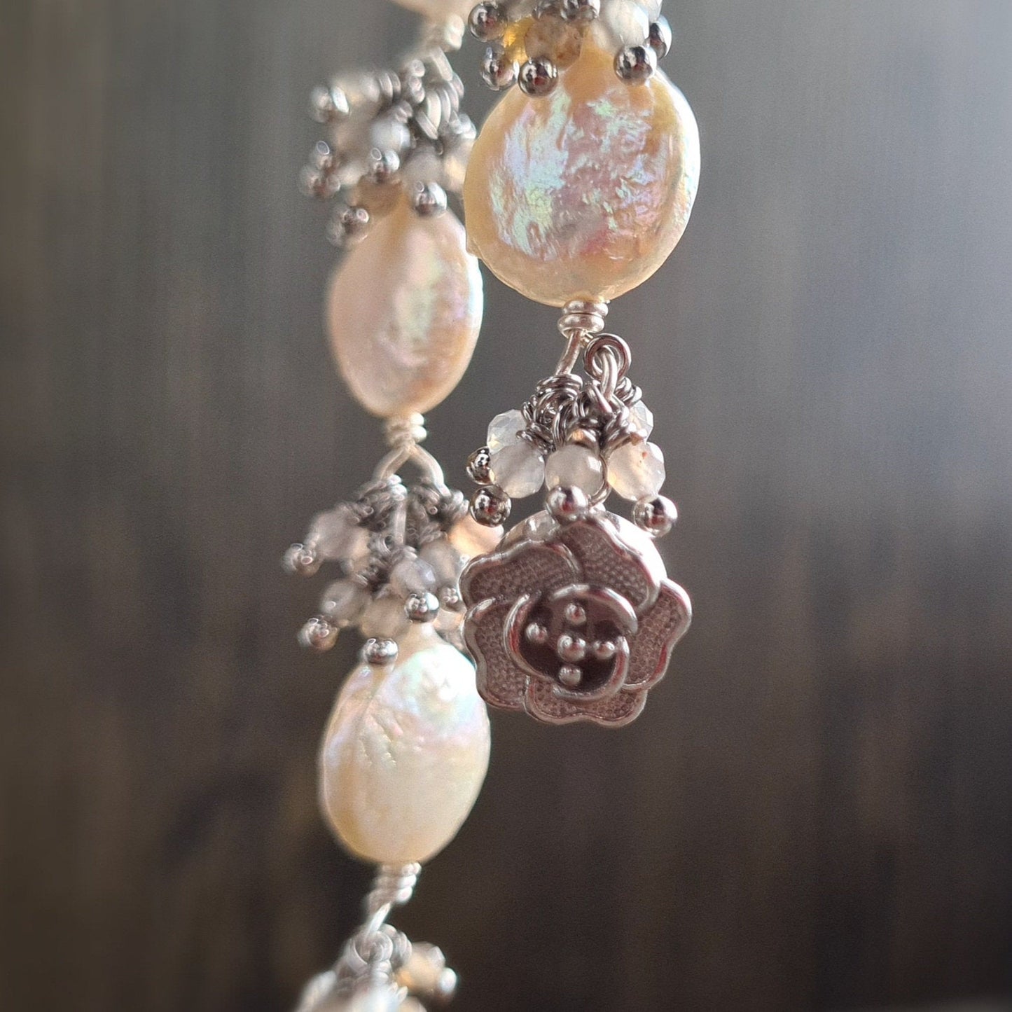 Small Fresh Water Coin Pearl with multi shaded moonstone cluster Bracelet