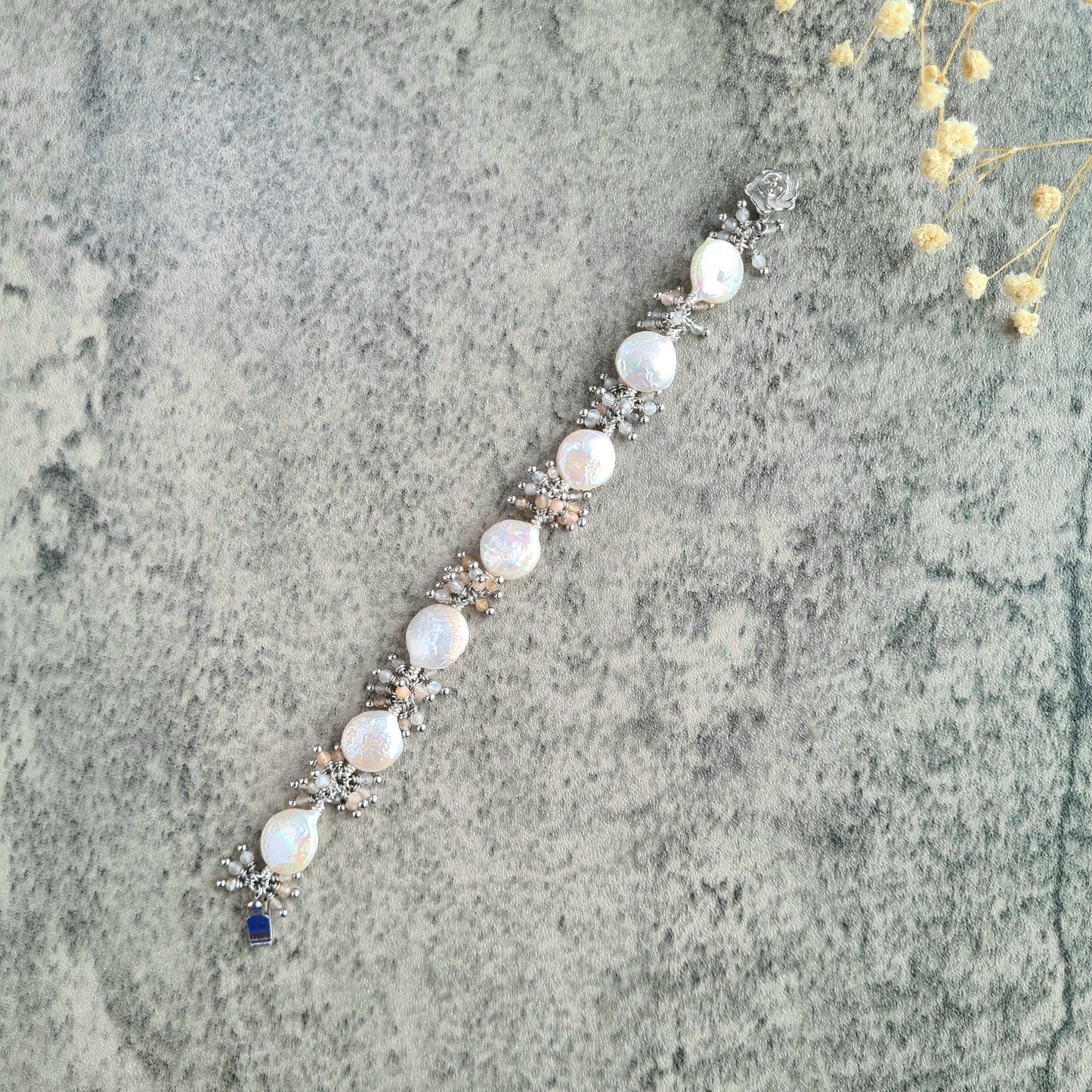 Small Fresh Water Coin Pearl with multi shaded moonstone cluster Bracelet