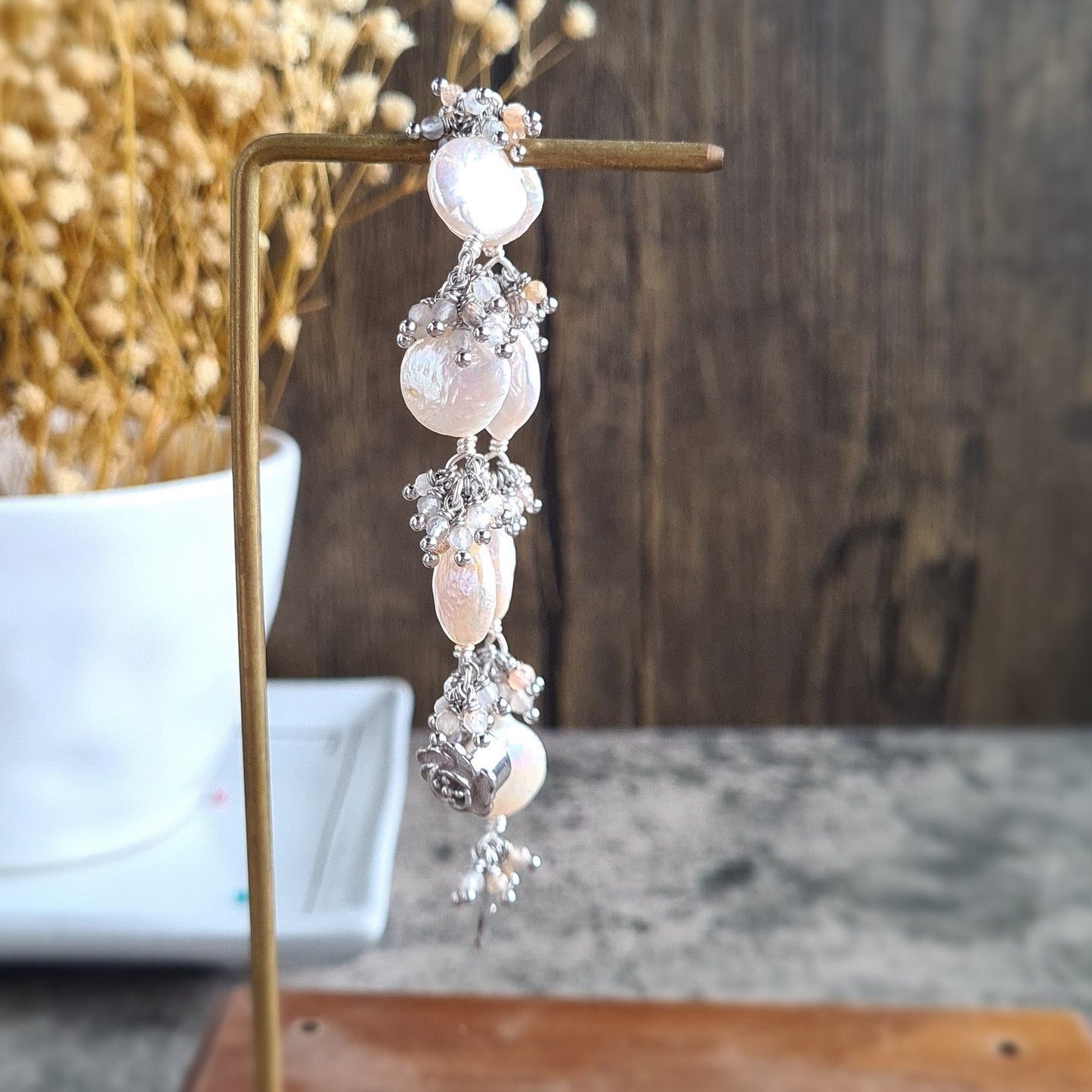 Small Fresh Water Coin Pearl with multi shaded moonstone cluster Bracelet