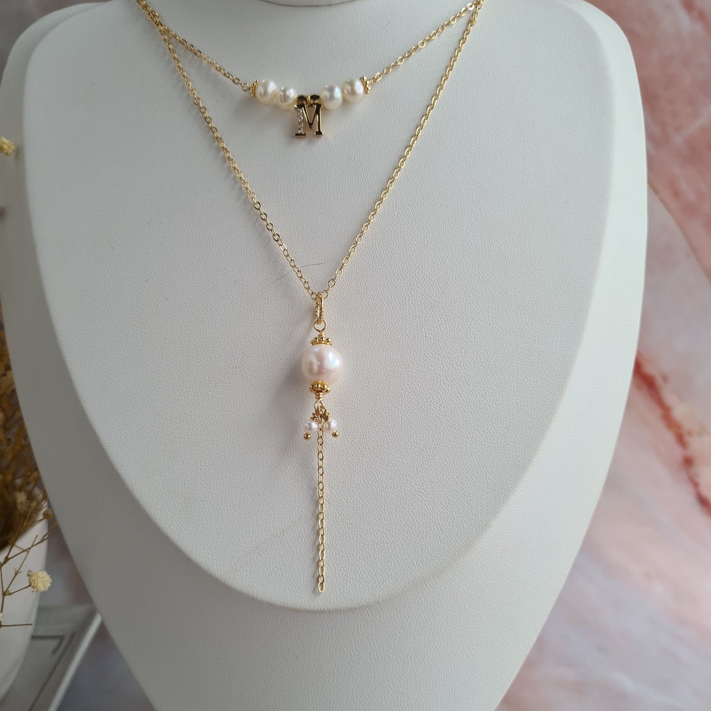 Double layer Monogram Fresh Water Pearl Necklace