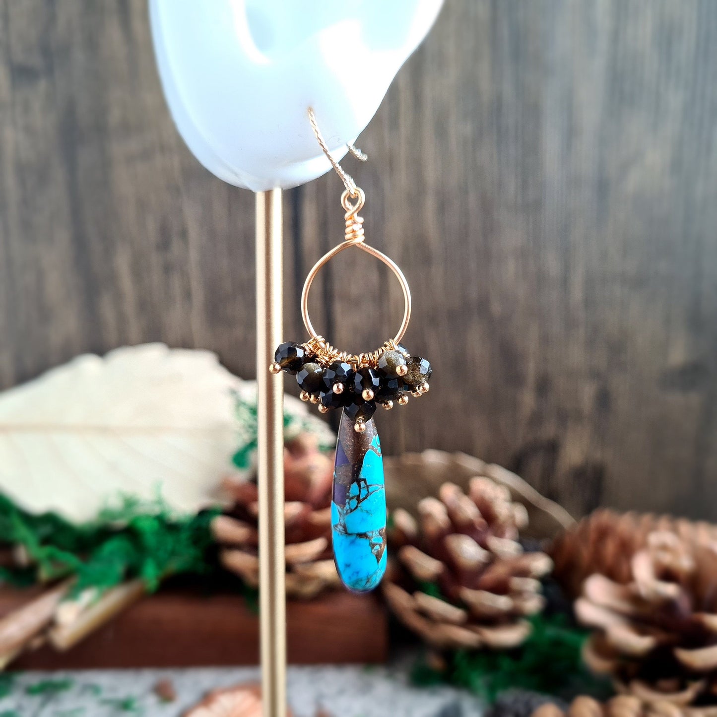 Turquoise Copper with Golden Obsidian Gemstone Earrings