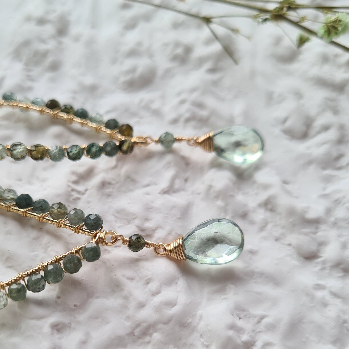 Inverted Tear Drop Gemstone Earrings - Green Mystic Coated Quartz with Blue Tourmaline