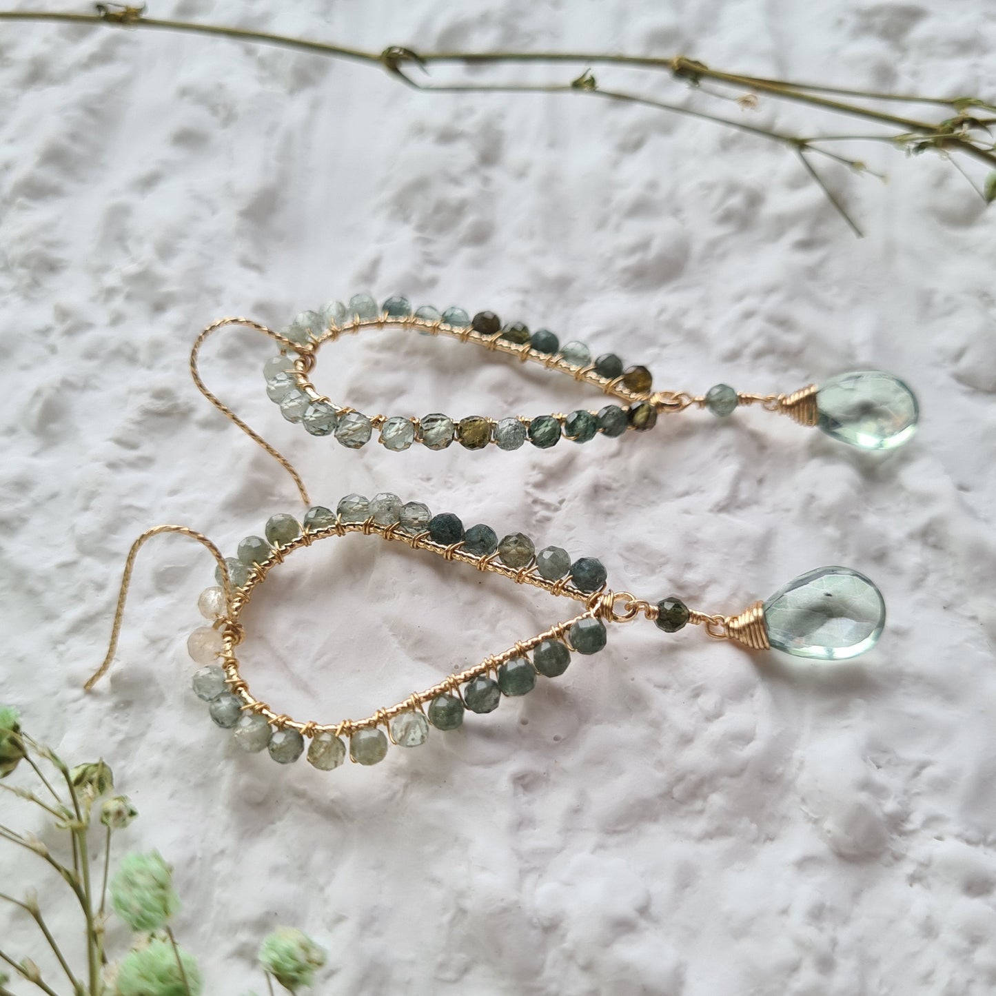 Inverted Tear Drop Gemstone Earrings - Green Mystic Coated Quartz with Blue Tourmaline