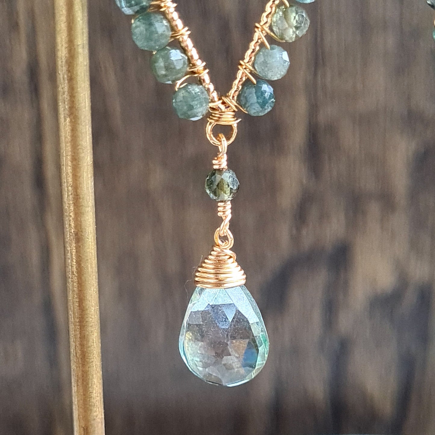 Inverted Tear Drop Gemstone Earrings - Green Mystic Coated Quartz with Blue Tourmaline