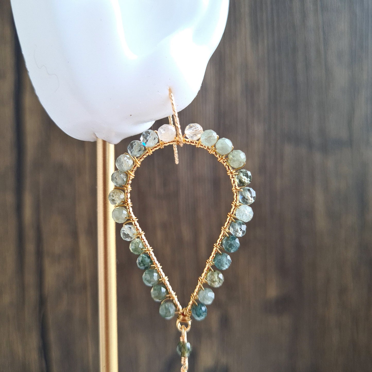 Inverted Tear Drop Gemstone Earrings - Green Mystic Coated Quartz with Blue Tourmaline