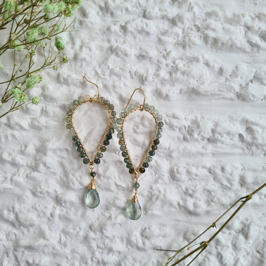 Inverted Tear Drop Gemstone Earrings - Green Mystic Coated Quartz with Blue Tourmaline