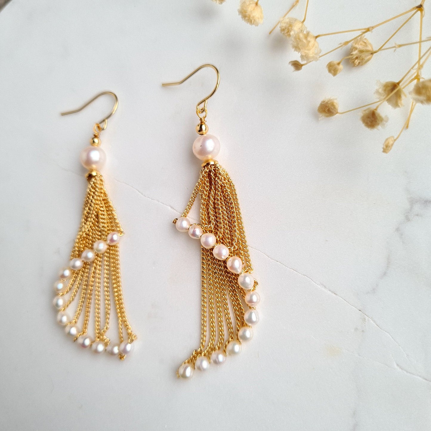 Fresh Water Pearl with Swirl Chain Tassel Earrings