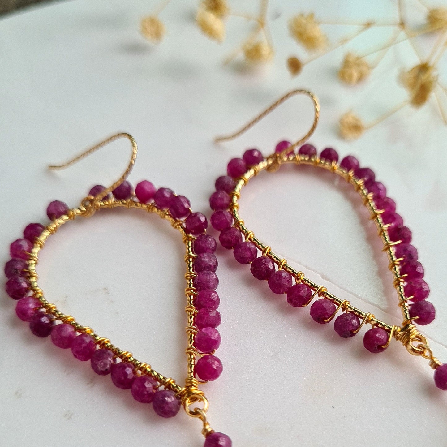 Inverted Tear Drop Gemstone Earrings - Pink Mystic Coated Quartz with Ruby
