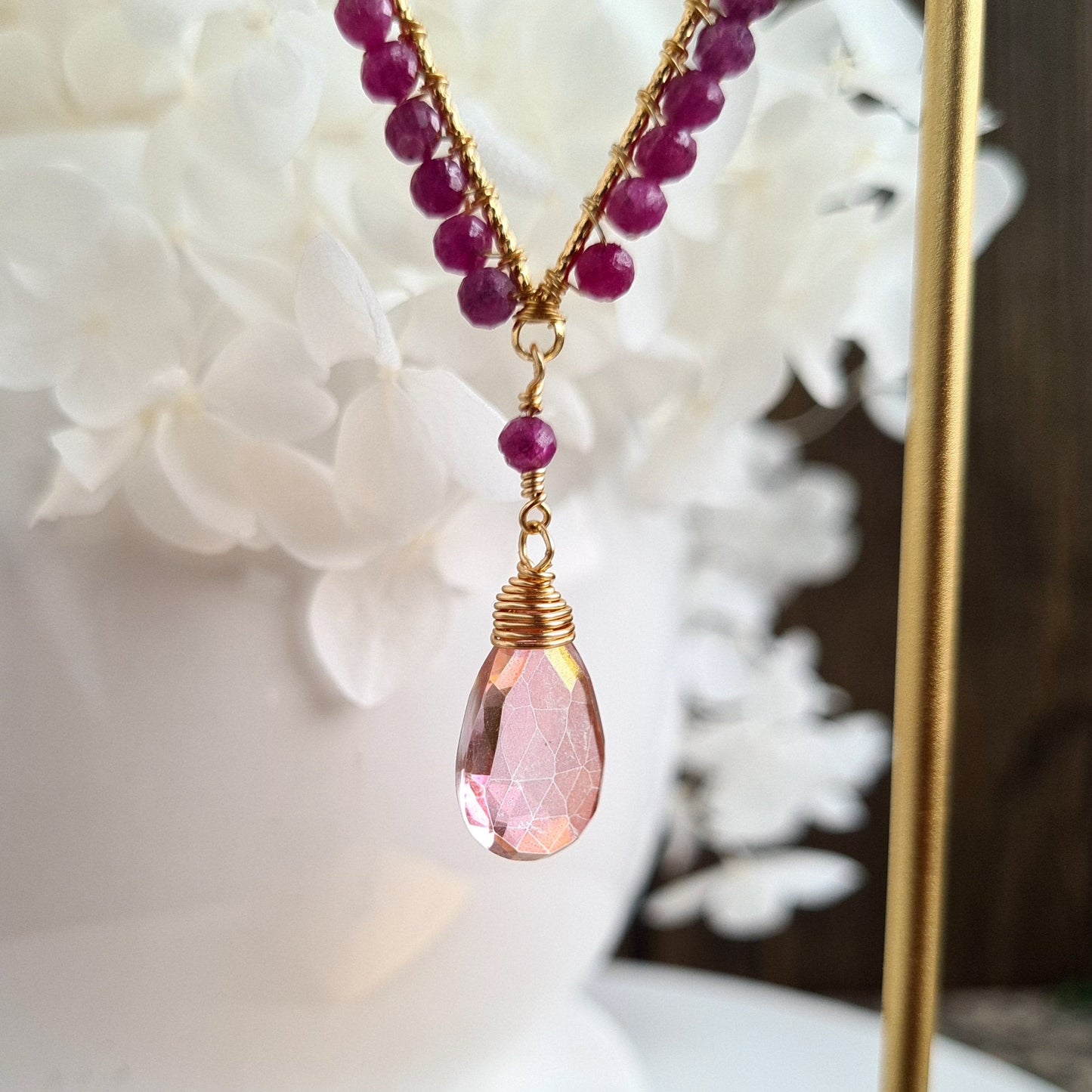 Inverted Tear Drop Gemstone Earrings - Pink Mystic Coated Quartz with Ruby