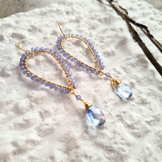 Inverted Tear Drop Gemstone Earrings - Blue Mystic Coated Quartz with Tanzanite