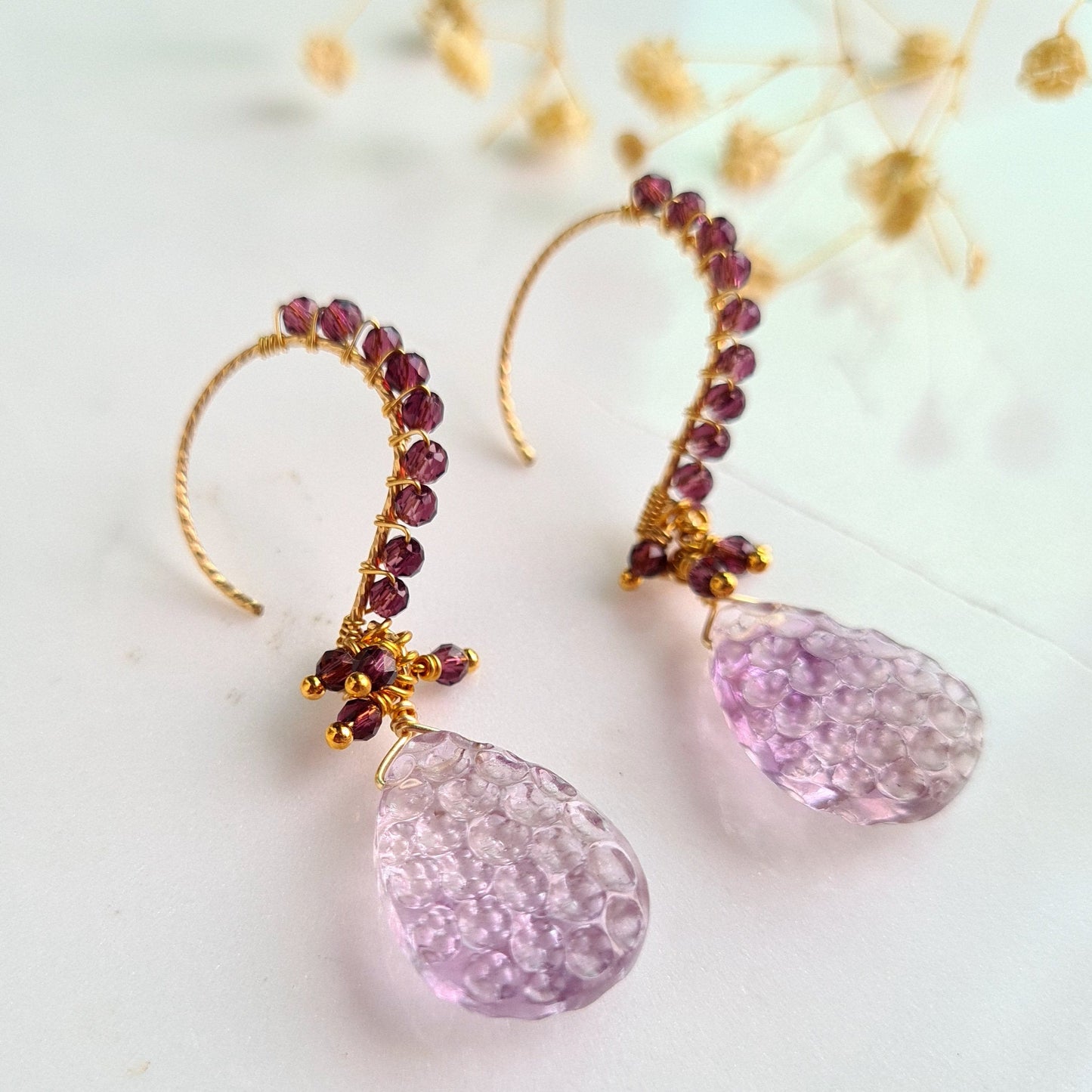 Honeycomb Carved Gemstone Cluster Earrings - Pink Amethyst