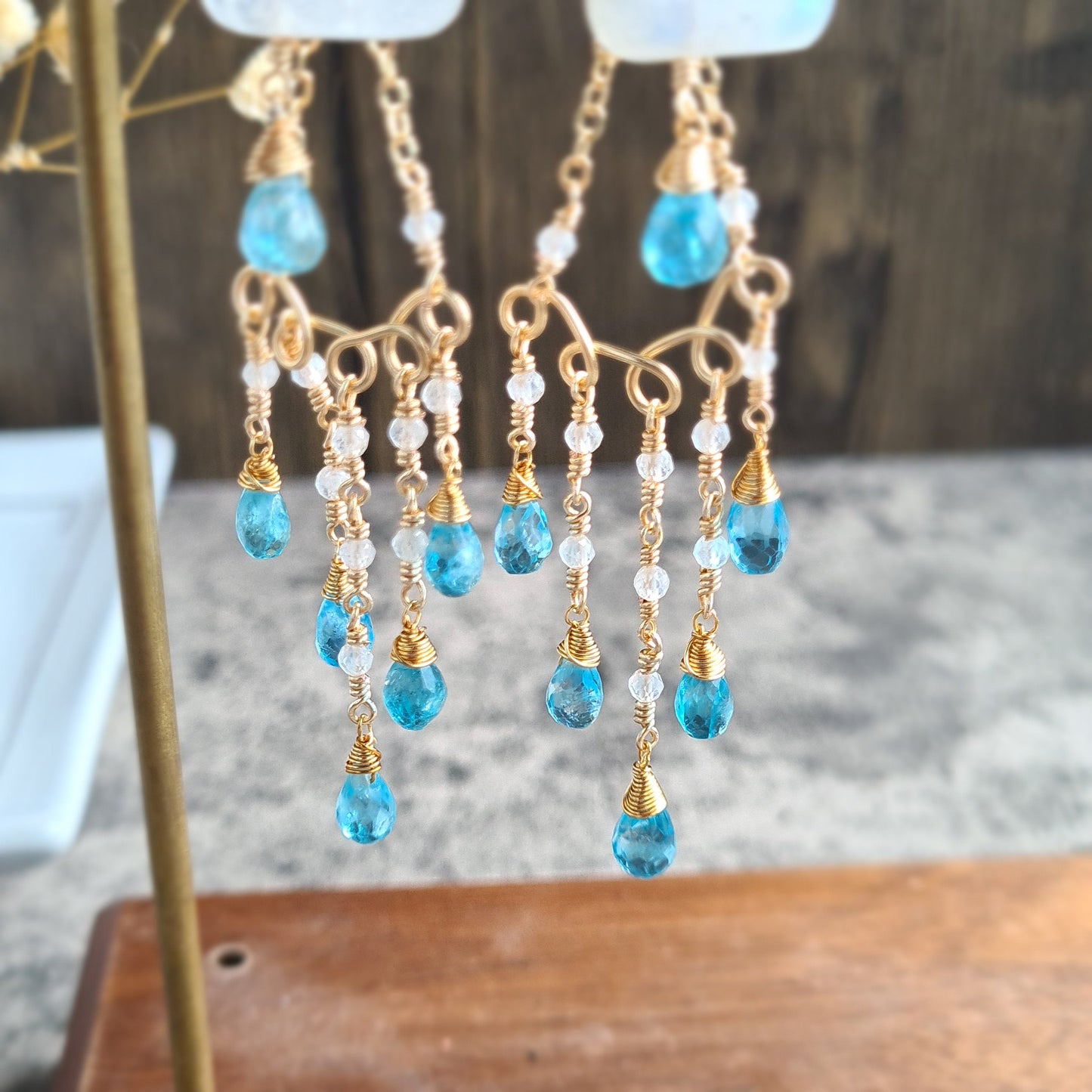 The Cloud and The rain Rainbow Moonstone with Blue Apatite Gemstone Earrings