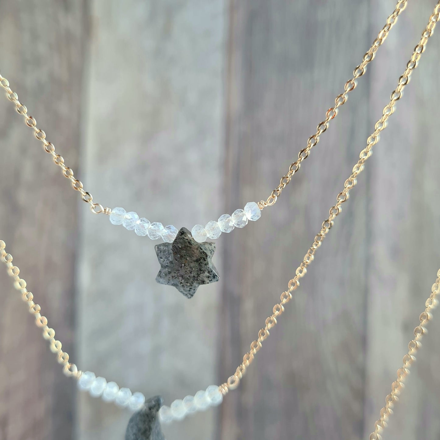 Star, Moon, Heart Multi Layered Gemstone Necklace - Black Sunstone & Rainbow Moonstone