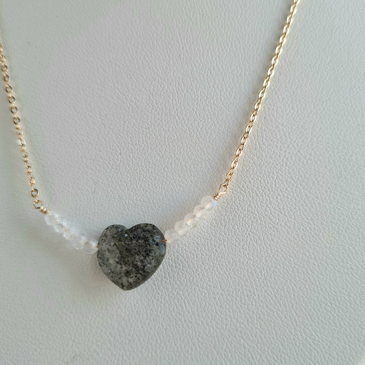 Star, Moon, Heart Multi Layered Gemstone Necklace - Black Sunstone & Rainbow Moonstone