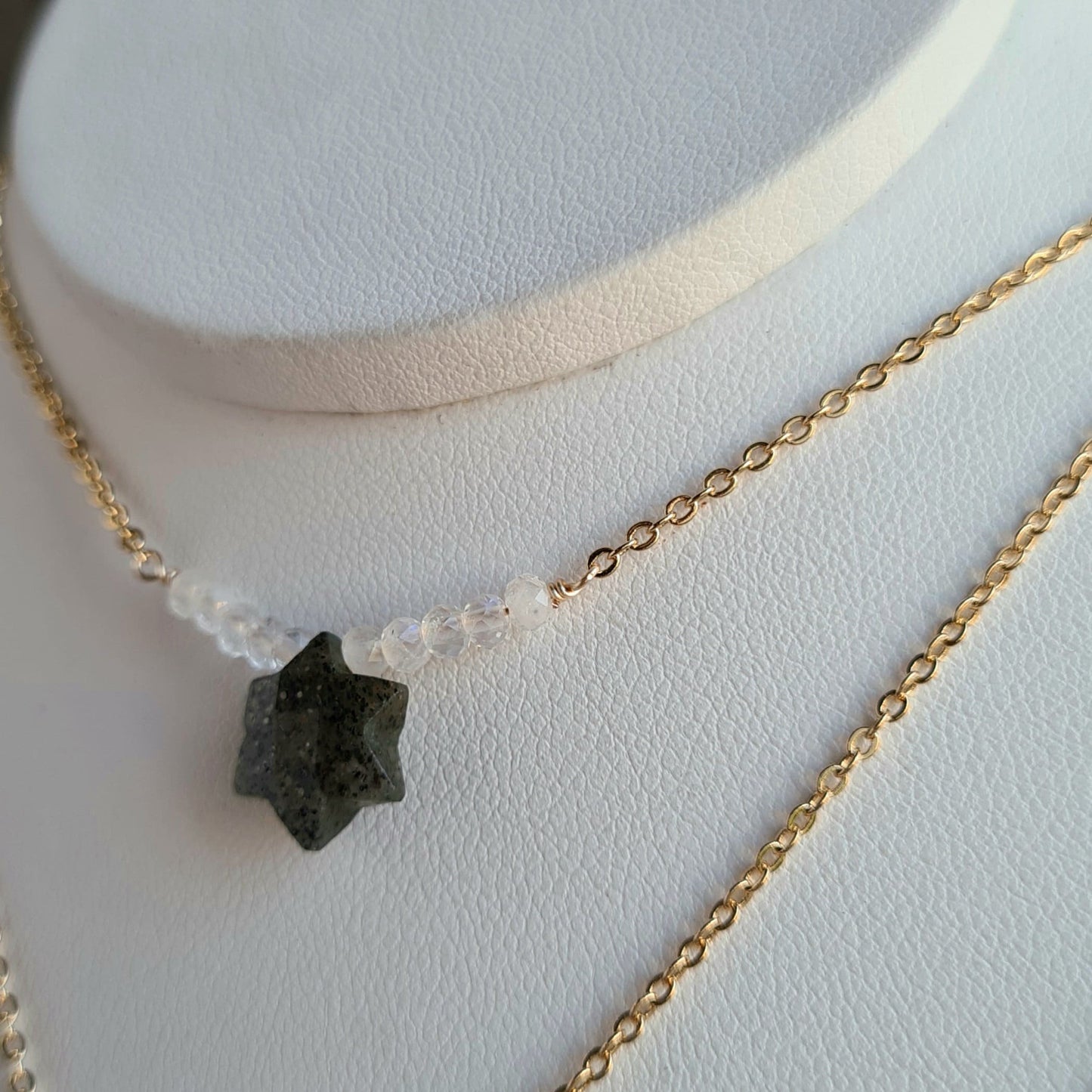Star, Moon, Heart Multi Layered Gemstone Necklace - Black Sunstone & Rainbow Moonstone