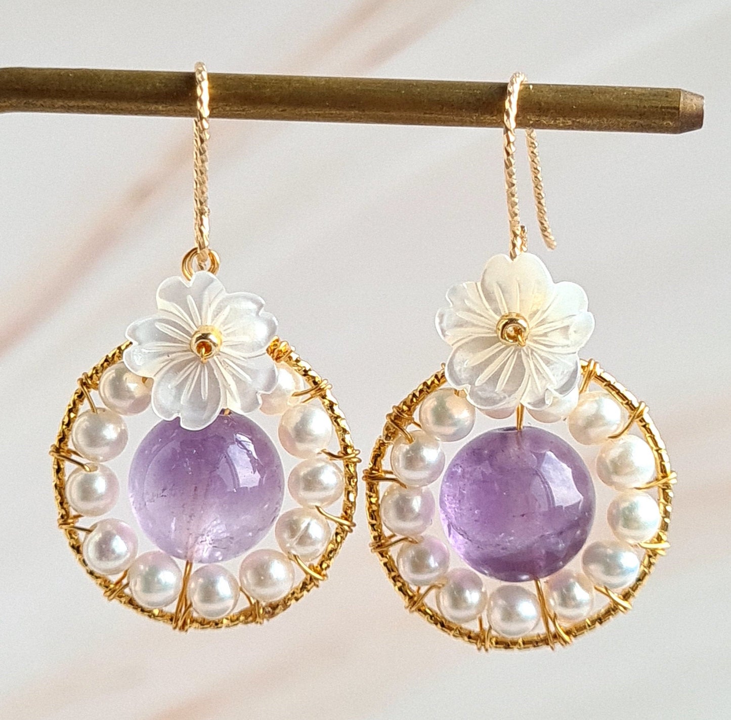 Round Fresh Water Pearl with Amethyst Gemstone & Flower Mother Of Pearl Earrings