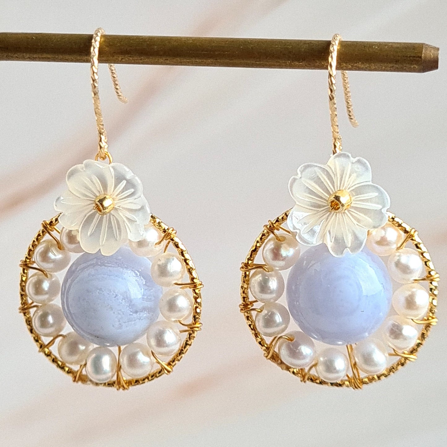 Round Fresh Water Pearl with Blue Lace Agate Gemstone & Flower Mother Of Pearl Earrings