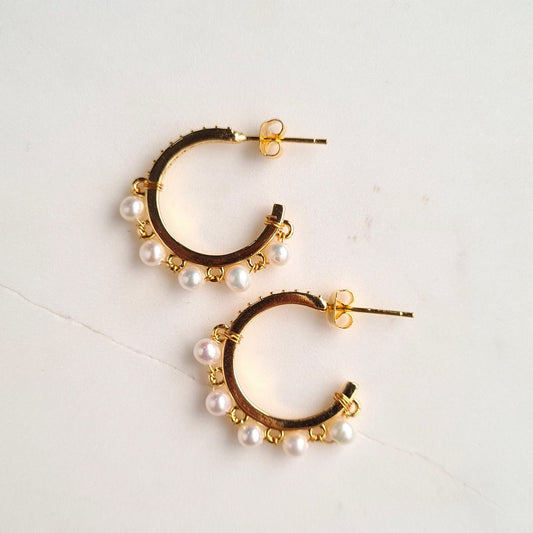 Half Hoop Gemstone Earrings - Fresh Water Pearl