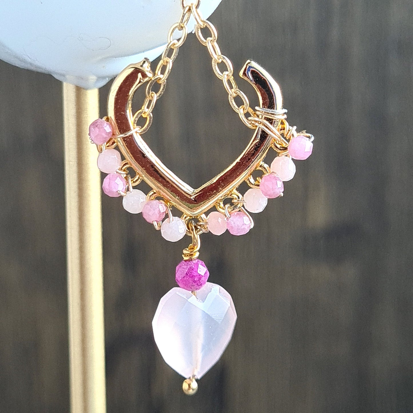 Triple Heart Gemstone Earrings - Rose Chalcedony wirh heart shape stud
