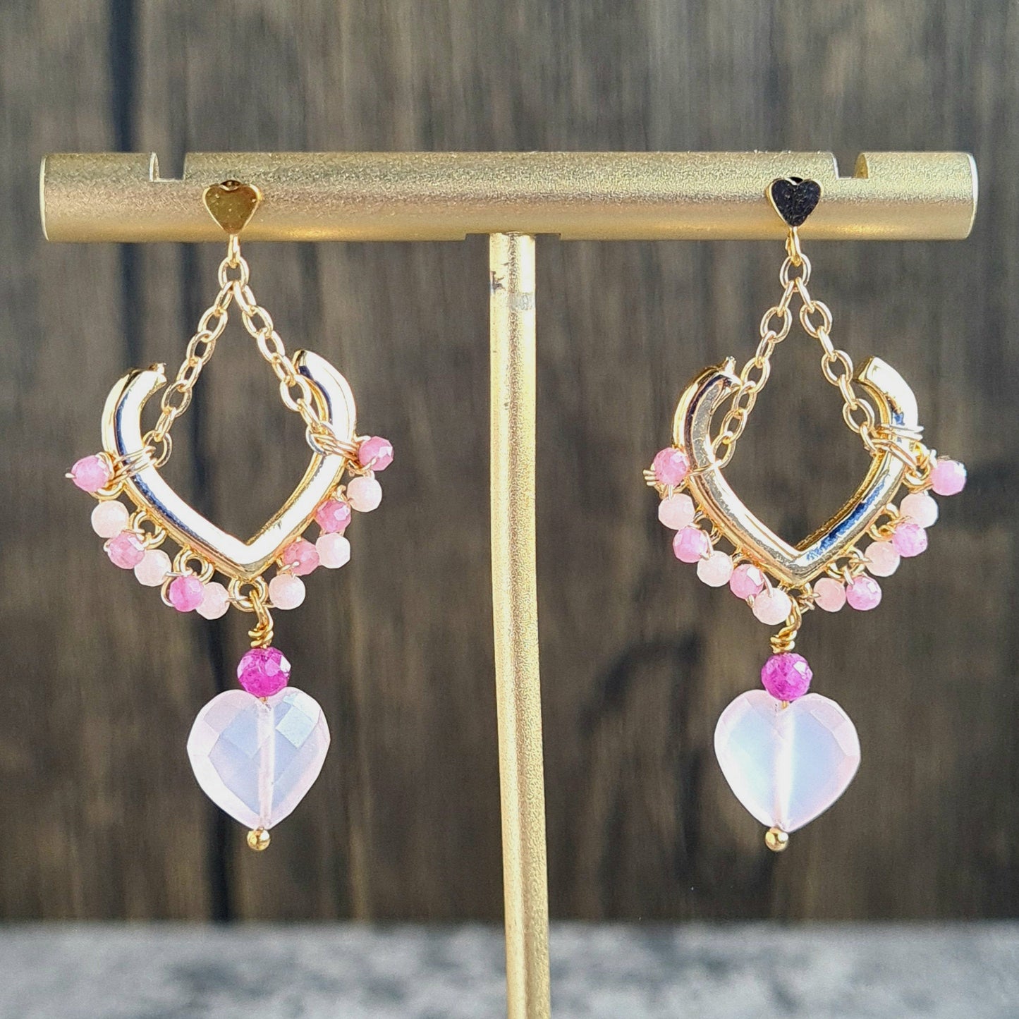 Triple Heart Gemstone Earrings - Rose Chalcedony wirh heart shape stud