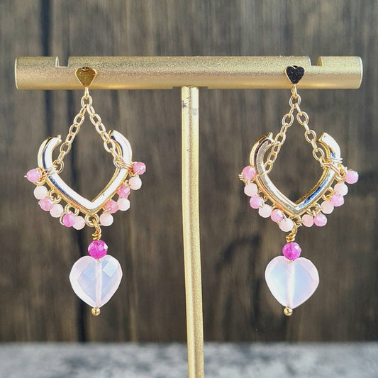 Triple Heart Gemstone Earrings - Rose Chalcedony wirh heart shape stud