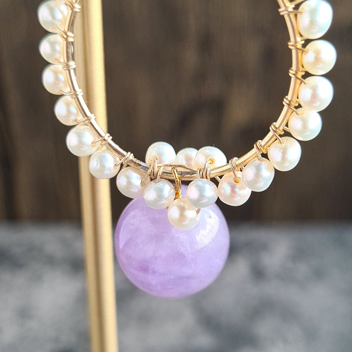 Round Fresh Water Pearl with Amethyst Gemstone Earrings
