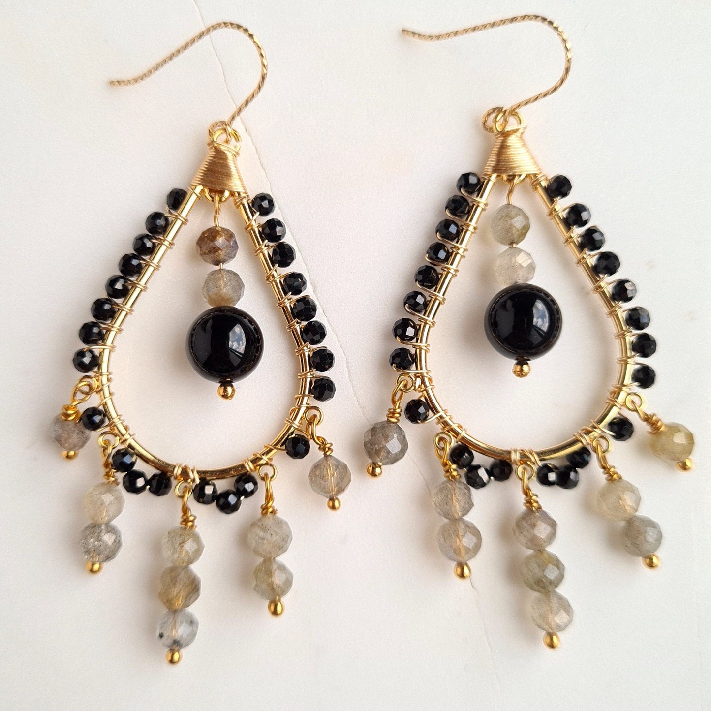 Chandelier Gemstone with Black Onyx & Labradorite Earrings