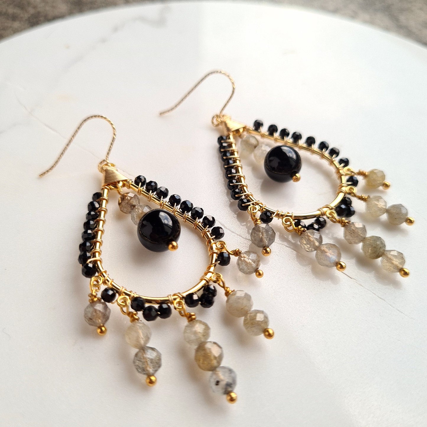 Chandelier Gemstone with Black Onyx & Labradorite Earrings