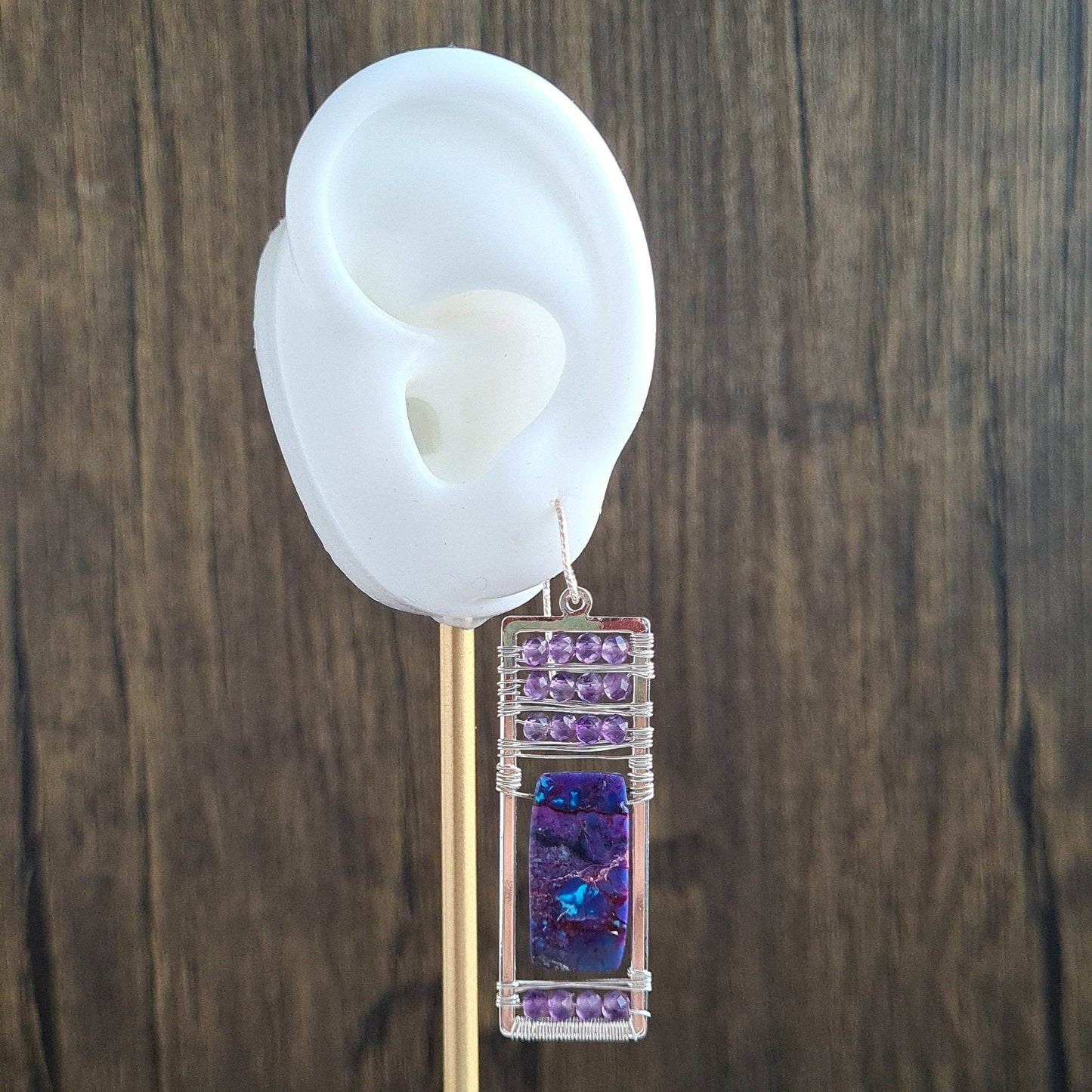 Purple Turquoise with amethyst caged in sterling silver rectangle frame Earrings