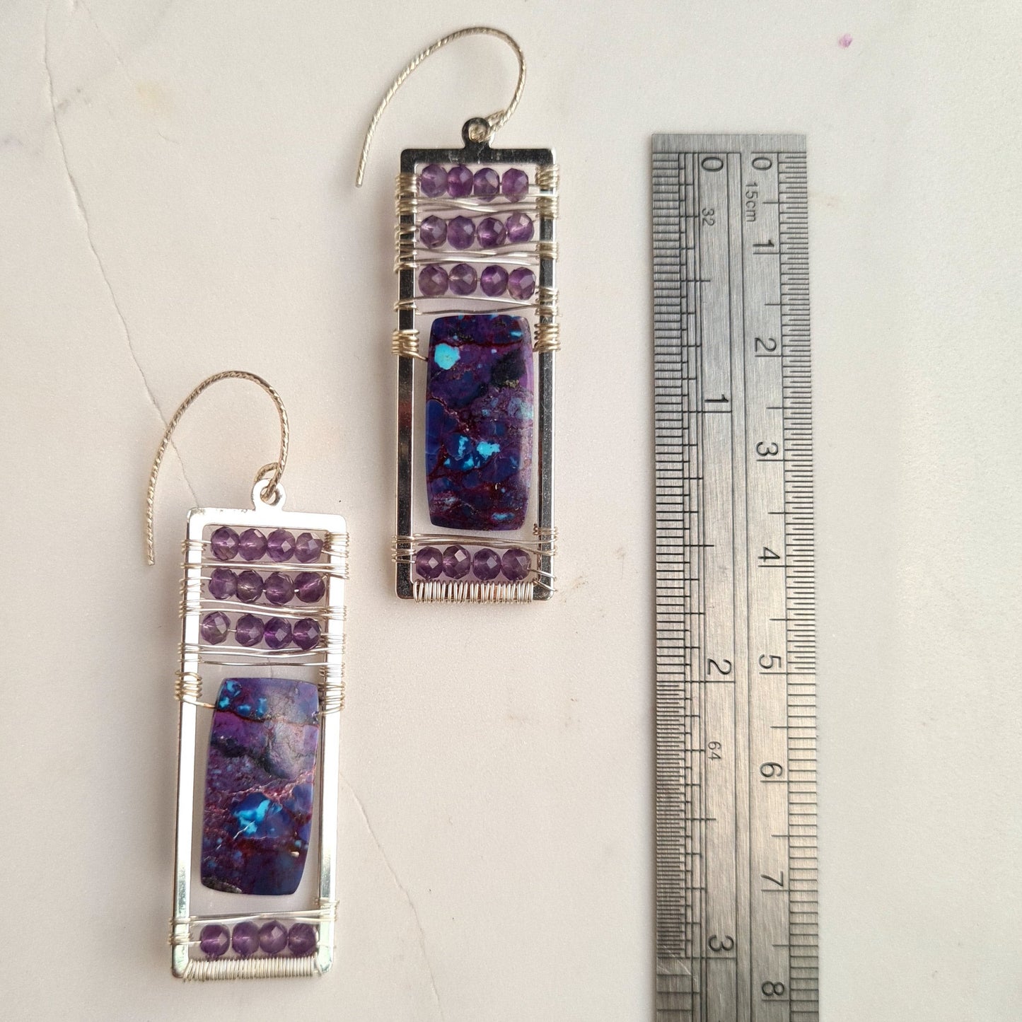Purple Turquoise with amethyst caged in sterling silver rectangle frame Earrings