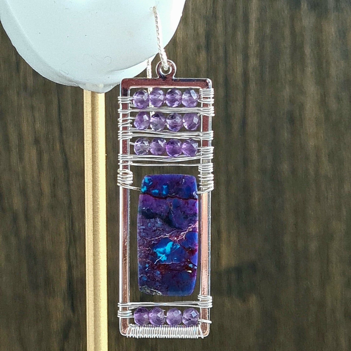 Purple Turquoise with amethyst caged in sterling silver rectangle frame Earrings