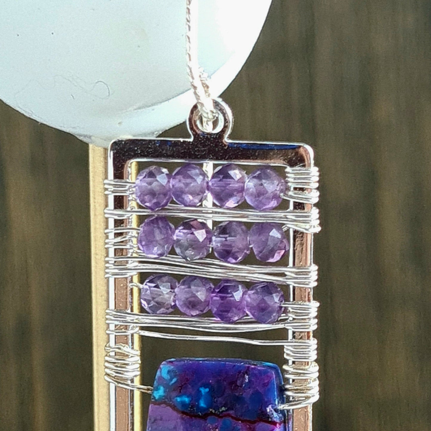 Purple Turquoise with amethyst caged in sterling silver rectangle frame Earrings