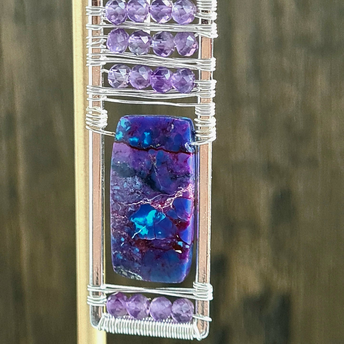 Purple Turquoise with amethyst caged in sterling silver rectangle frame Earrings