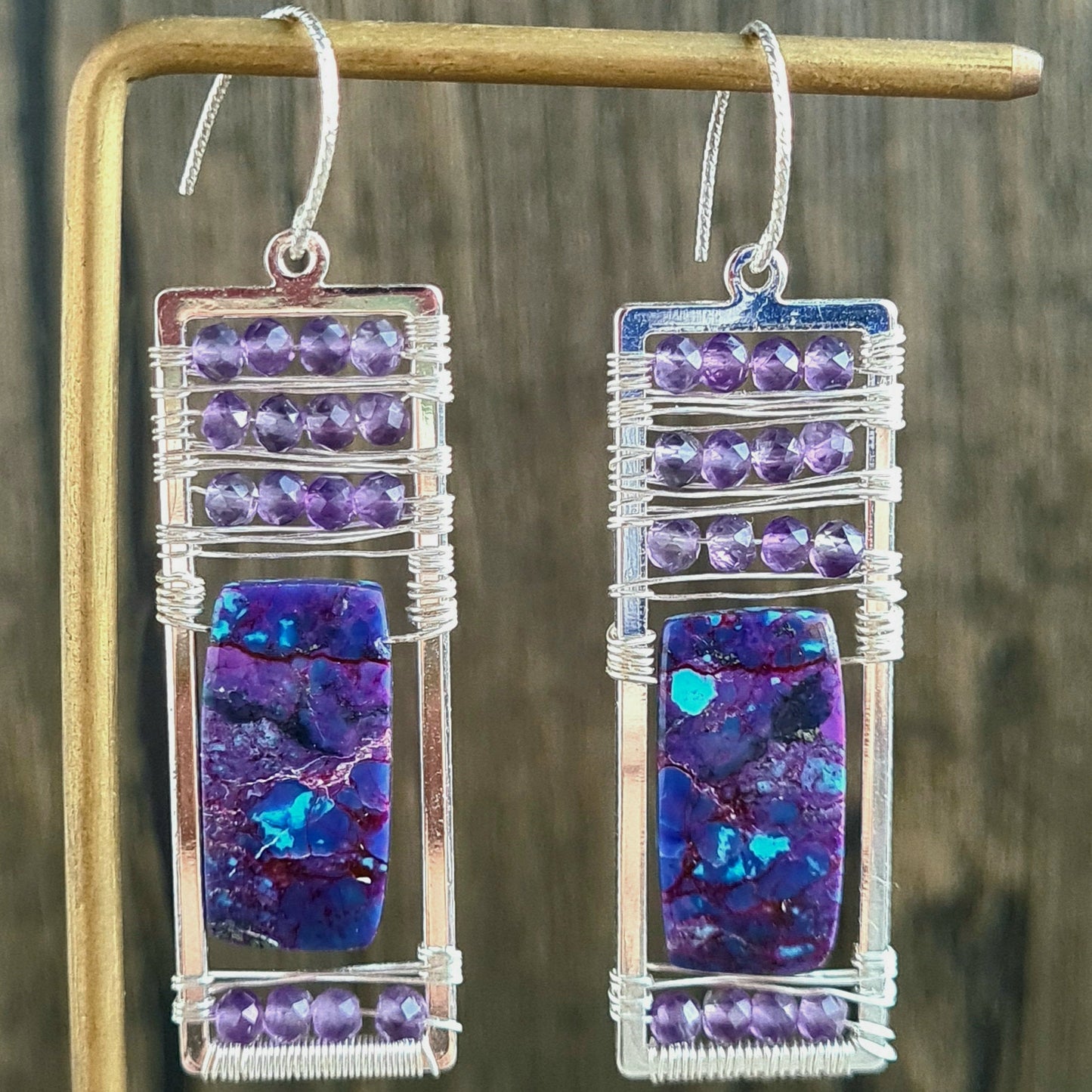 Purple Turquoise with amethyst caged in sterling silver rectangle frame Earrings