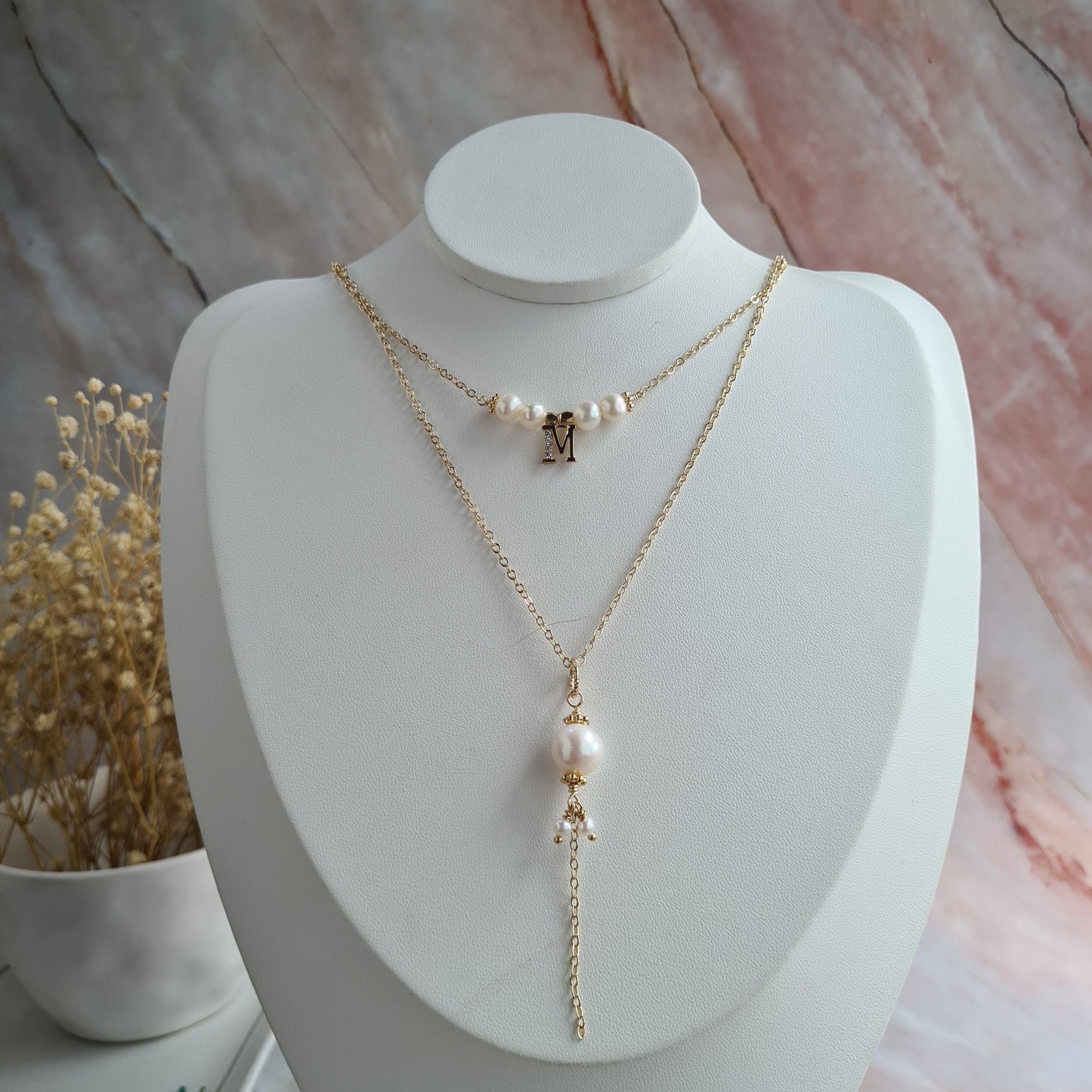 Double layer Monogram Fresh Water Pearl Necklace