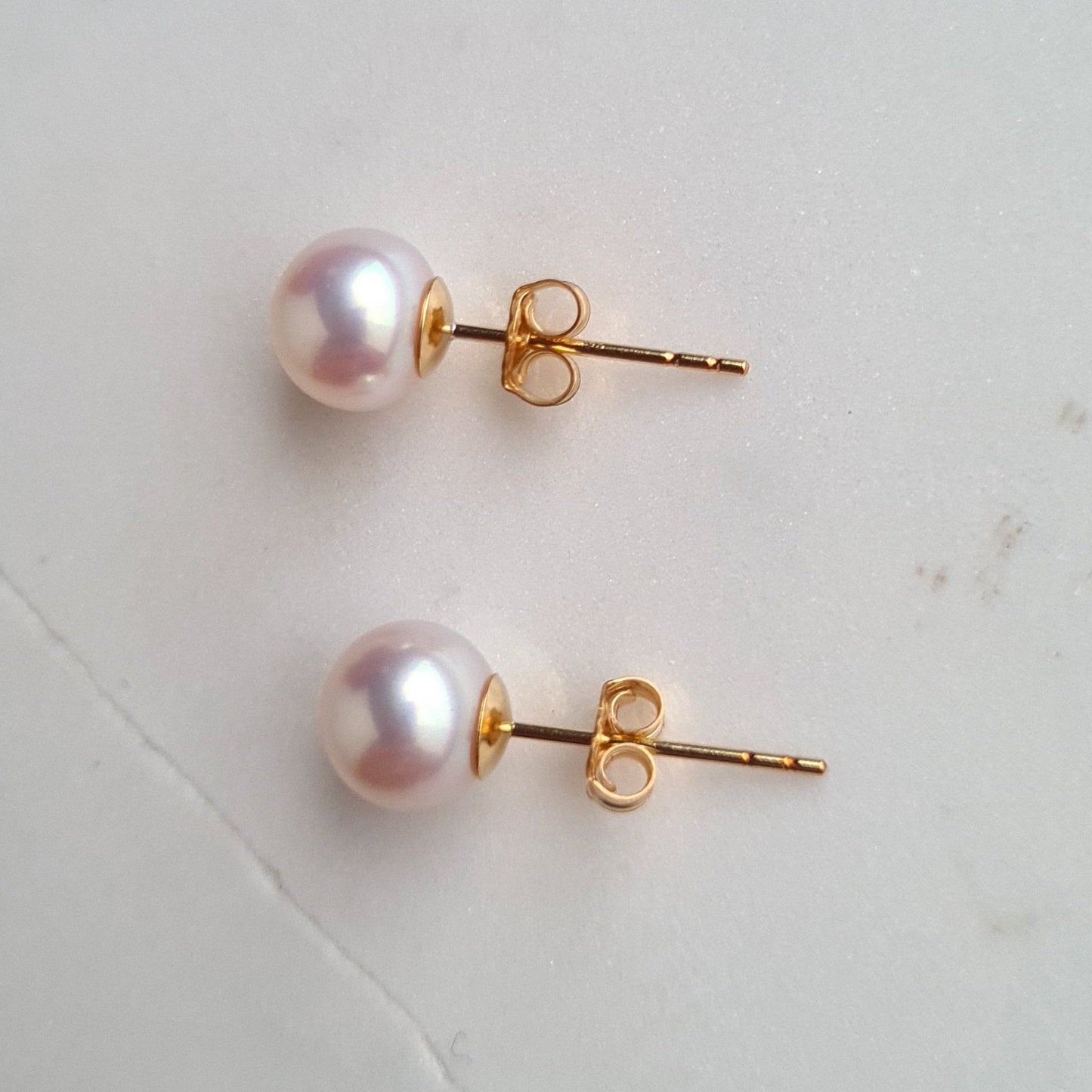 AAA quality 7.5 to 8 mm Almost Round Fresh Water Pearl with Gold filled Ear Stud - White