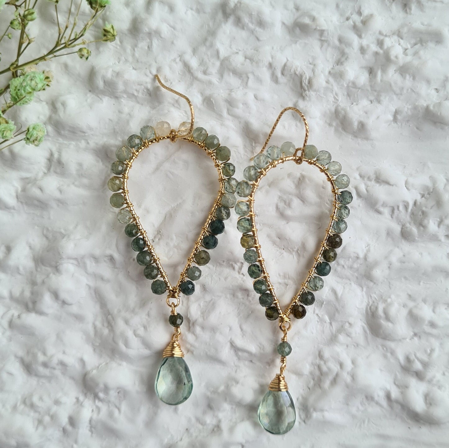 Inverted Tear Drop Gemstone Earrings - Green Mystic Coated Quartz with Blue Tourmaline