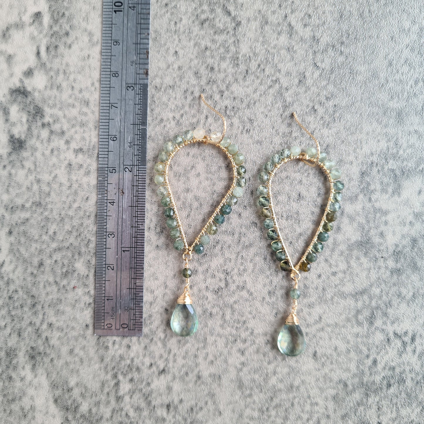 Inverted Tear Drop Gemstone Earrings - Green Mystic Coated Quartz with Blue Tourmaline