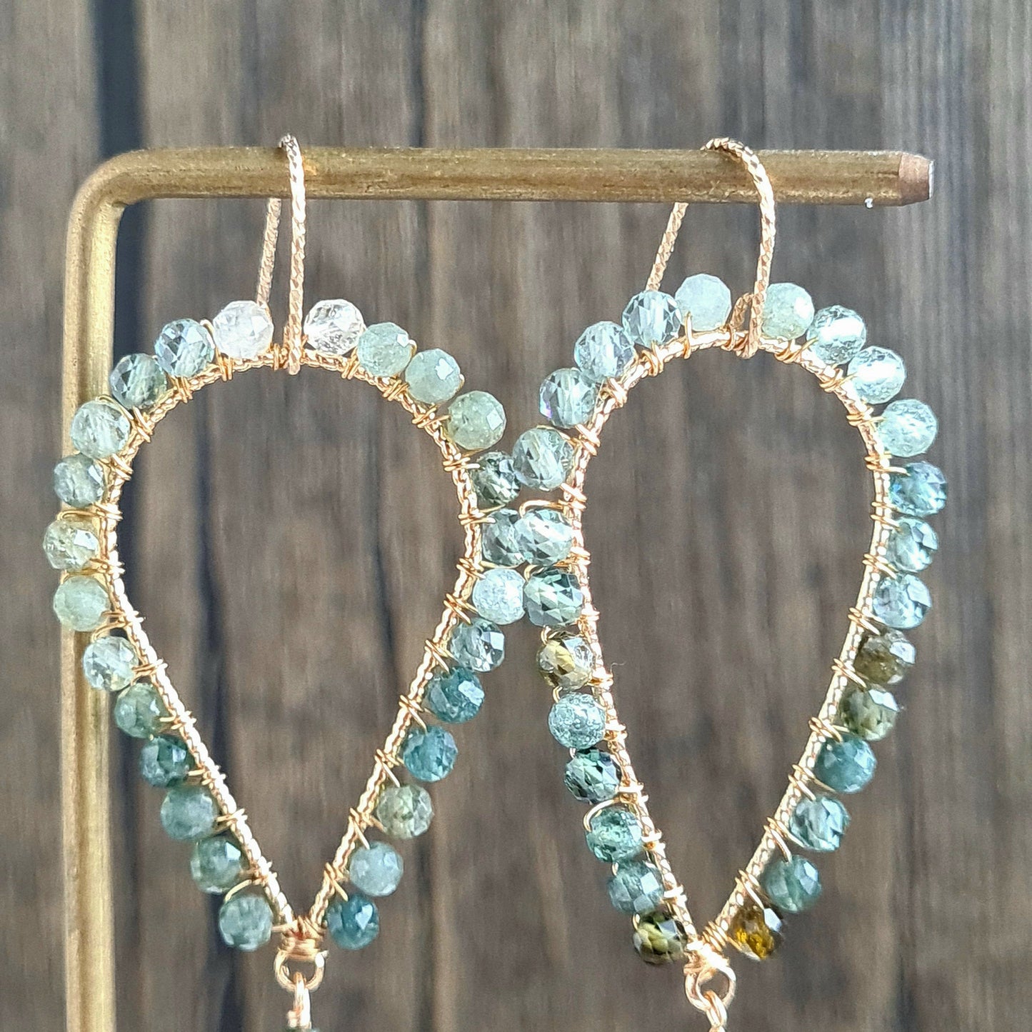 Inverted Tear Drop Gemstone Earrings - Green Mystic Coated Quartz with Blue Tourmaline