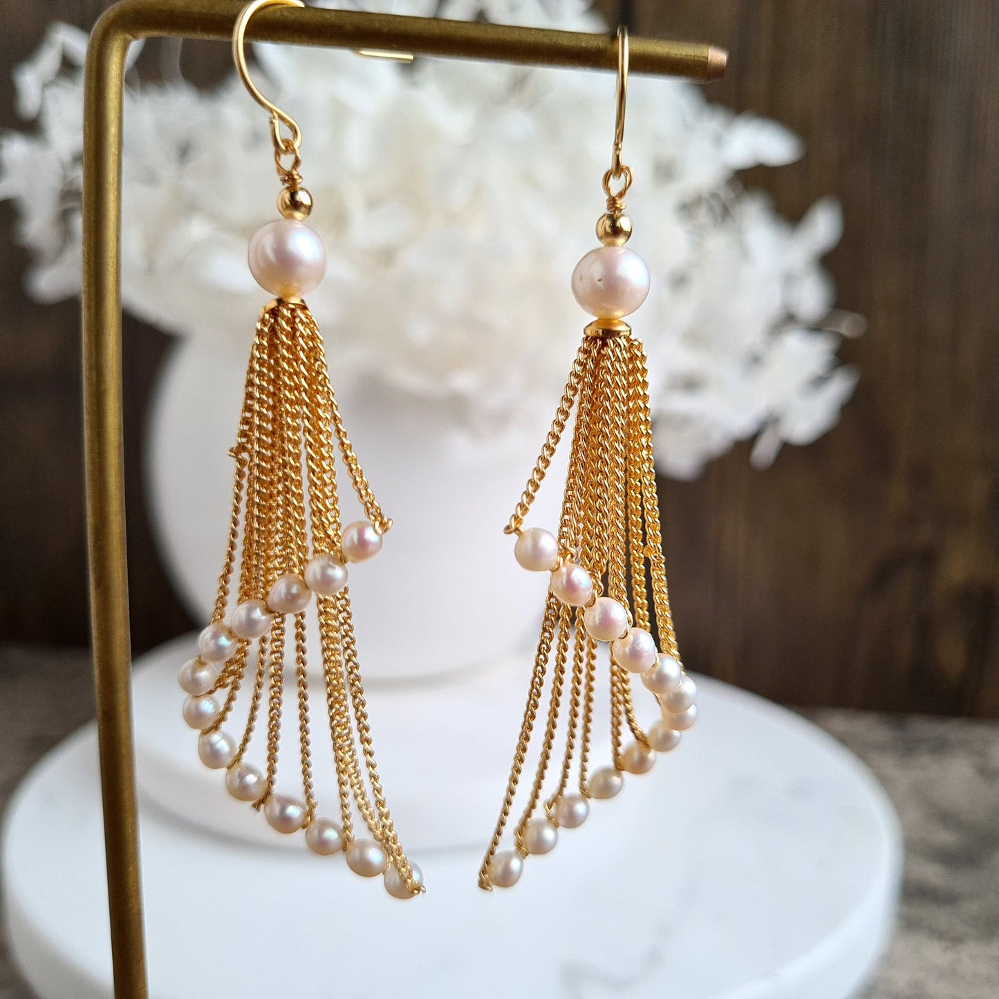 Fresh Water Pearl with Swirl Chain Tassel Earrings